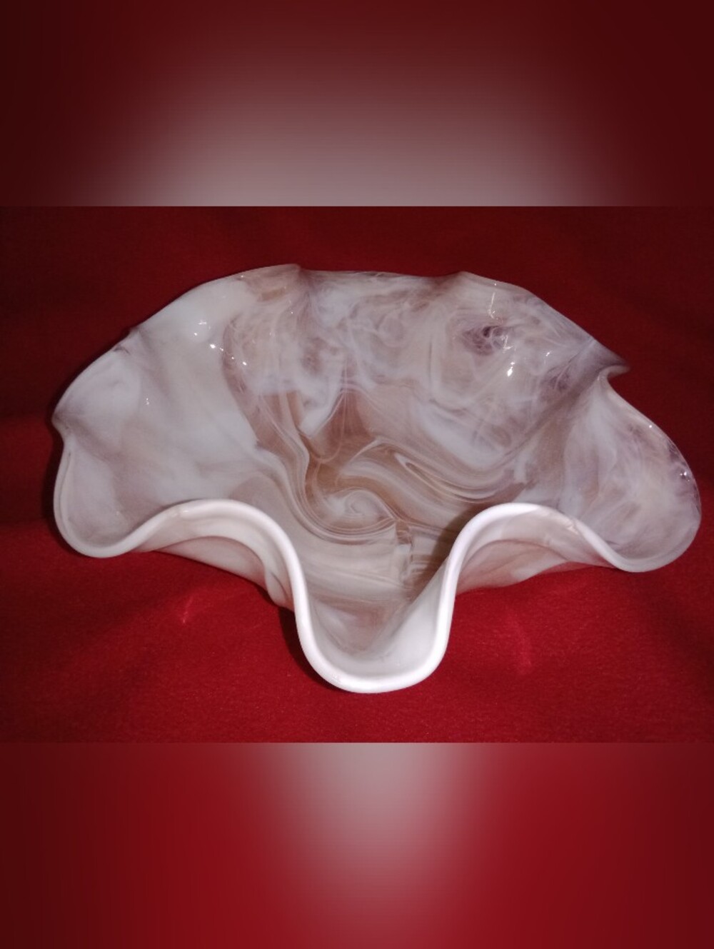Vintage Pink And White Slag Glass Ruffle Wave Bowl Dish Decor 11 1/4" Dia